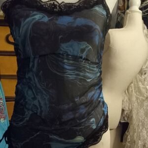 New,tag,sheer mesh marble-print lace trim rushed asymmetrical cami top size med.
